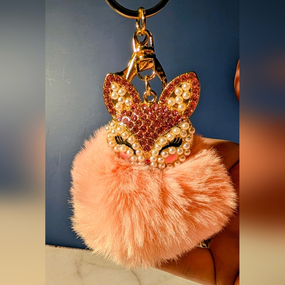 Peach Fox Fur & Pearl Keychain/ Bag Charm